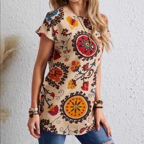 Boho Floral Print Short Sleeve Tunic Top - Picture 6 of 7